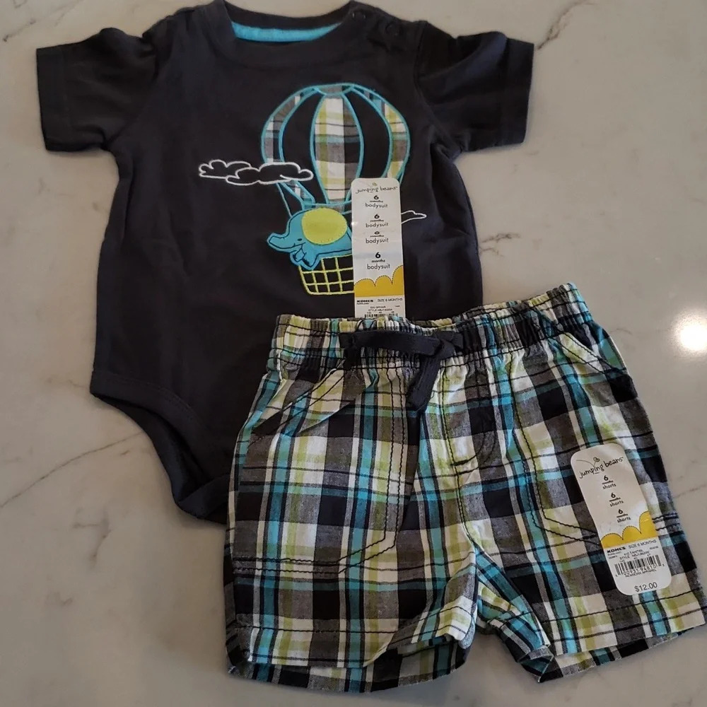 Elephant Hot Air Balloon Bodysuit and plaid Shorts Set baby boy size 6M - Picture 8 of 10